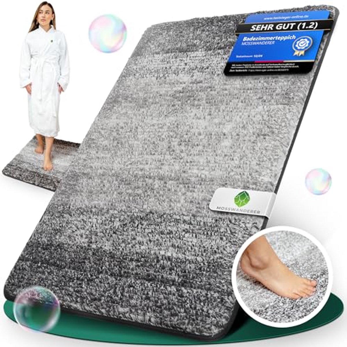MOSSWANDERER® badkamertapijt [60x90] badmat antislip - luxe badkamertapijt groot en wasbaar | Hoogwaardige badmat voor badkamer, douche en meer | Minimalistisch-modern in zwart en grijs