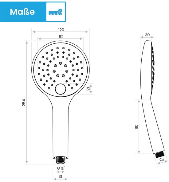 Pommeau de douche universel Bächlein - Pommeau de douche avec 3 types de jets, facile à changer grâce à un bouton poussoir pratique - Pommeau de douche rond noir mat - Douchette à main avec dimensions de raccordement standard G 1/2"