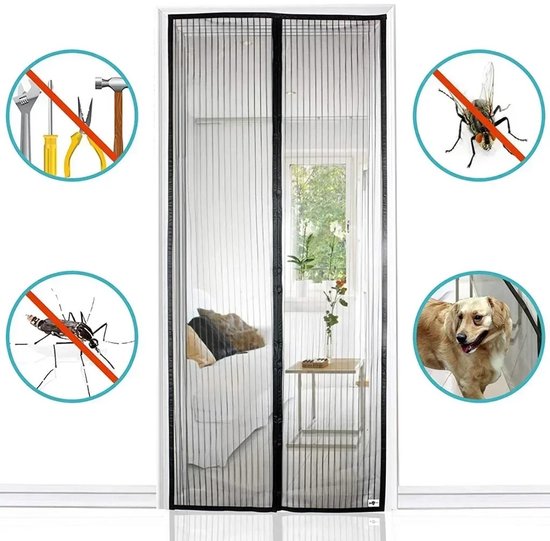 Deurgordijn - Magnetisch Vliegengordijn - Anti-Muggen Net - Insectenhor - Muggennet - Deurscherm - Automatisch Sluitend - Voor Deuren - Polyester Gaas - Zwart - Wasbaar - Eenvoudige Montage - Zomerproof - Fris & Insectvrij van Merkloos — afbeelding 4