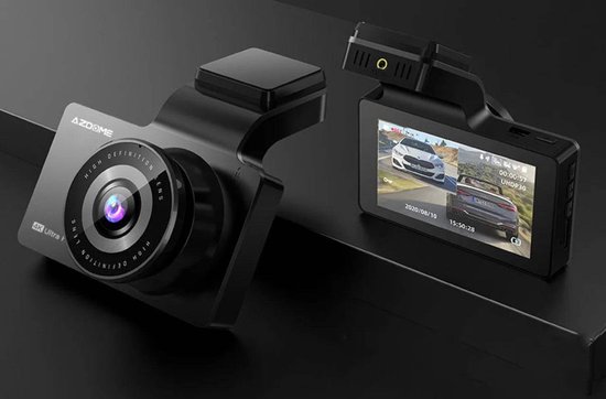 Zwarte AZDome 4K dashcam met 3-inch scherm waarop een autobeeld te zien is en een grote lens aan de voorzijde.