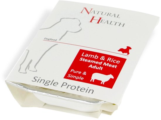Doosje Natural Health hondenvoer met "Lamb & Rice Steamed Meat Adult" en "Single Protein".