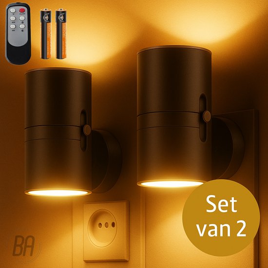 Best Active Nachtlampje Stopcontact - 2 stuks - Dag- en Nachtsensor - Inclusief Afstandsbediening & 2 Batterijen - Stekkerlampen - 10,7 x 9,3 cm - Volwassenen - Boven en Onder Verlichting - Dimbaar - 3 Lichtkleuren - Stekkerspot - Nachtlamp - Zwart