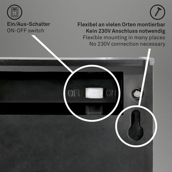 Achterkant van de lamp met aan/uit schakelaar en ophangoog. Flexibele montage, geen 230V aansluiting nodig.