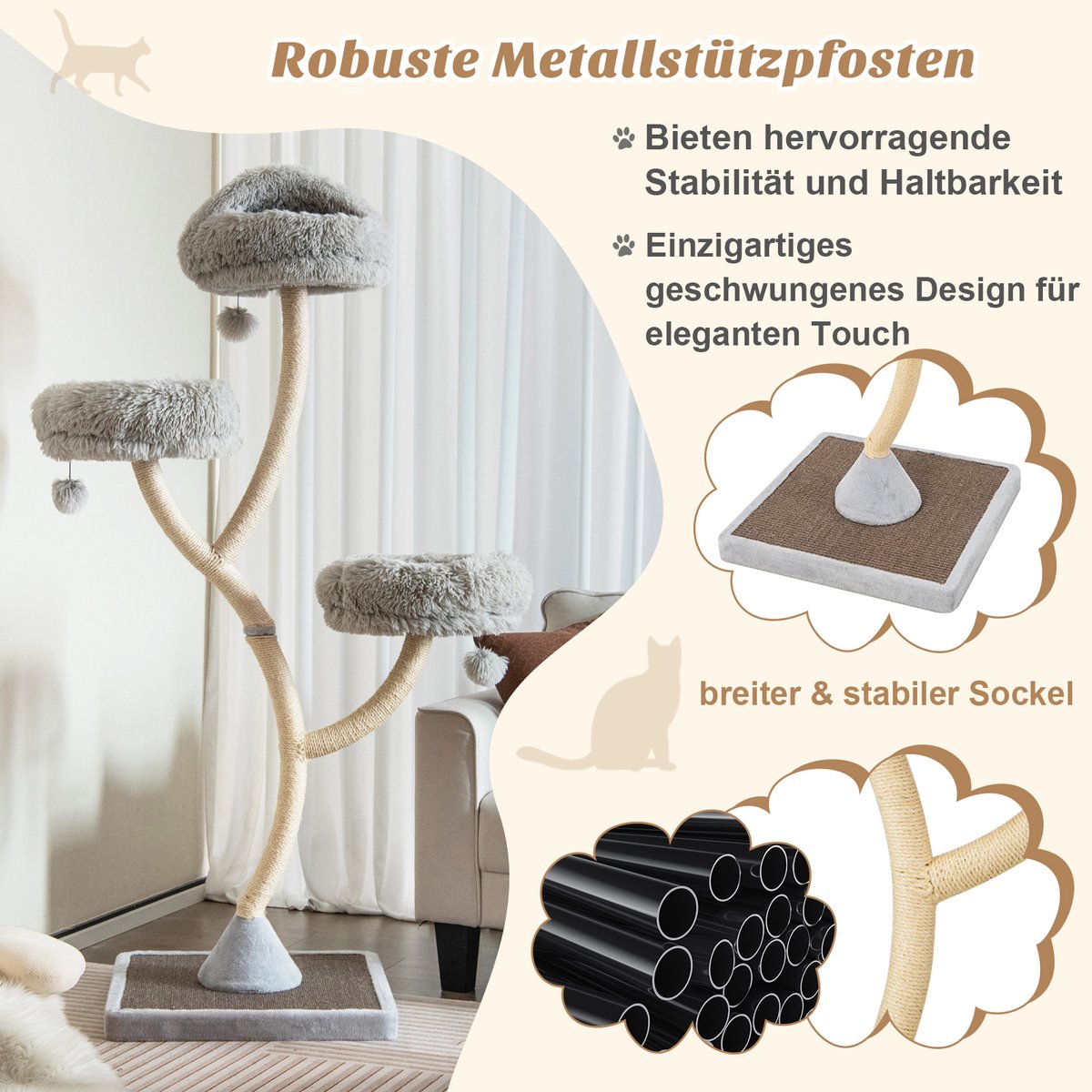 COSTWAY Krabpaal, 178 cm, van hout, kattenboom met 3 warme ligvlakken, pluche ballen en sisalstammen, klimboom, kattenkrabpaal groot, kattentoren met metalen frame, kattenmeubel katten – foto 8