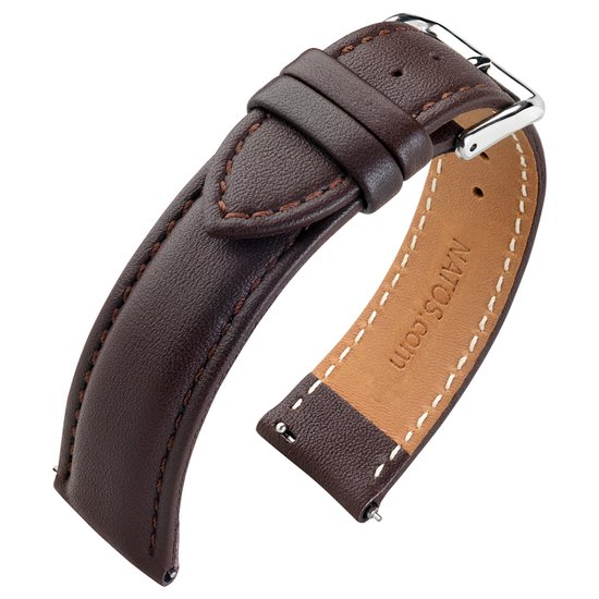 Bracelet de montre en cuir marron avec coutures blanches et boucle argentée