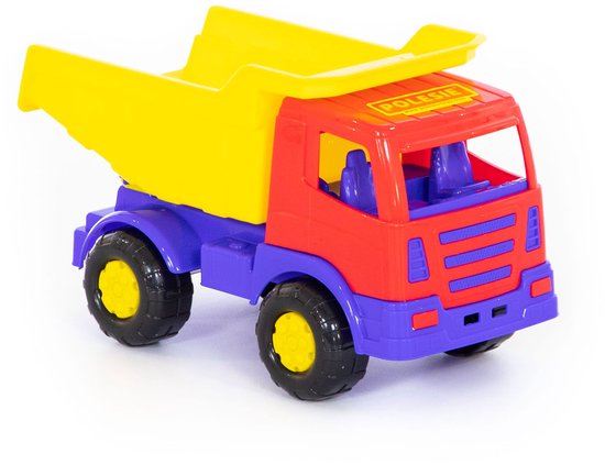 Rode kiepwagen met gele bak, paarse onderkant en blauwe stoelen. Zwarte wielen met gele doppen.