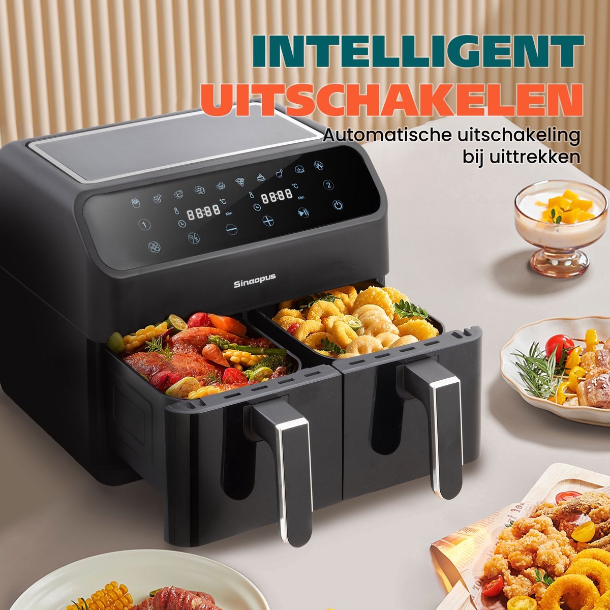 Afbeelding 2 van Digitale Airfryer XXL 11L Sinaopus 901 – Heteluchtfriteuse met Dubbele Mand en DualMand Onafhankelijke Snelle Opwarming – Voor Gezinnen – 10 Programma’s – Kijkvenster – Makkelijk te Reinigen – Capaciteit voor 5 Personen