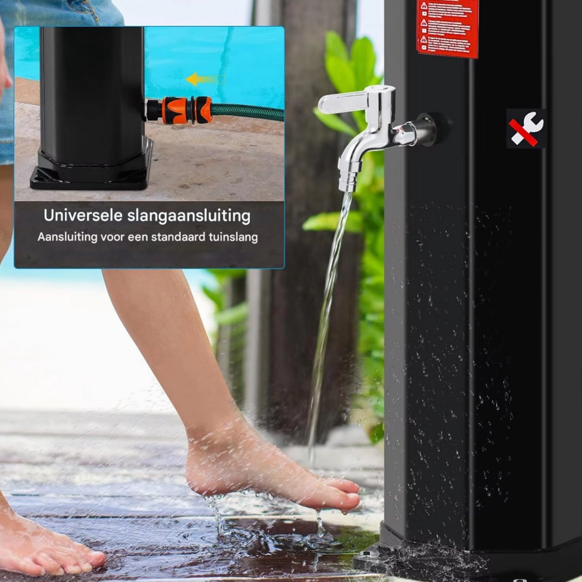 Vrijstaande Buiten Douche - Zwart & Zilver - Tuindouche - Sauna douche - 360° Zonne-energie Douchekop en Voetspoeluitloop - Temperatuurregeling tot 60°C - Met Deksel - 60L thumbnail 6