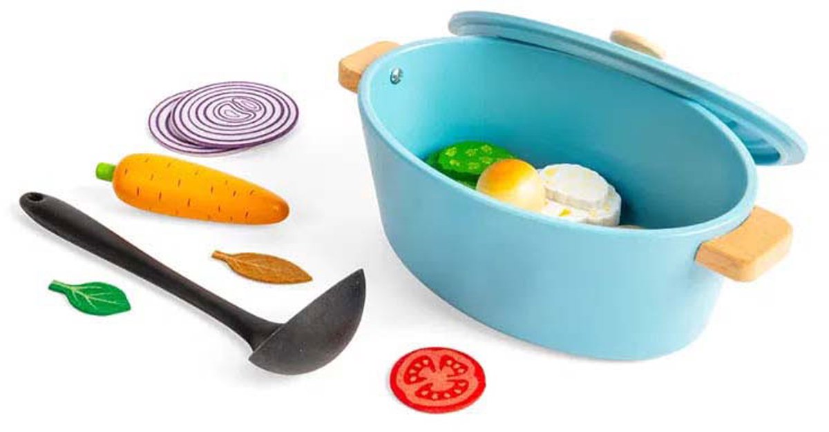 BigJigs houten speelgoed stoofpannen set - kleurrijke kookset voor kinderen.