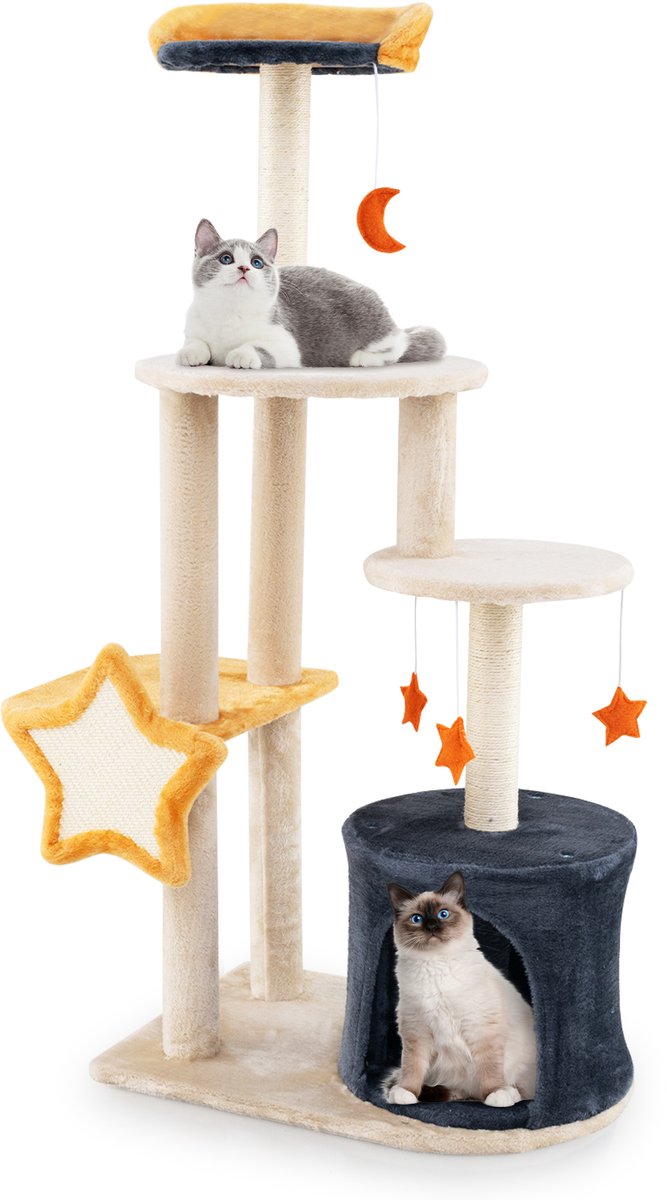 COSTWAY Krabpaal, kattenboom met kattenhol, pluche zitoppervlak, speelgoed en platforms, kattenkrabpaal, ster- en maanserie, kattenmeubels, activiteitenboom, klimboom, speelboom
