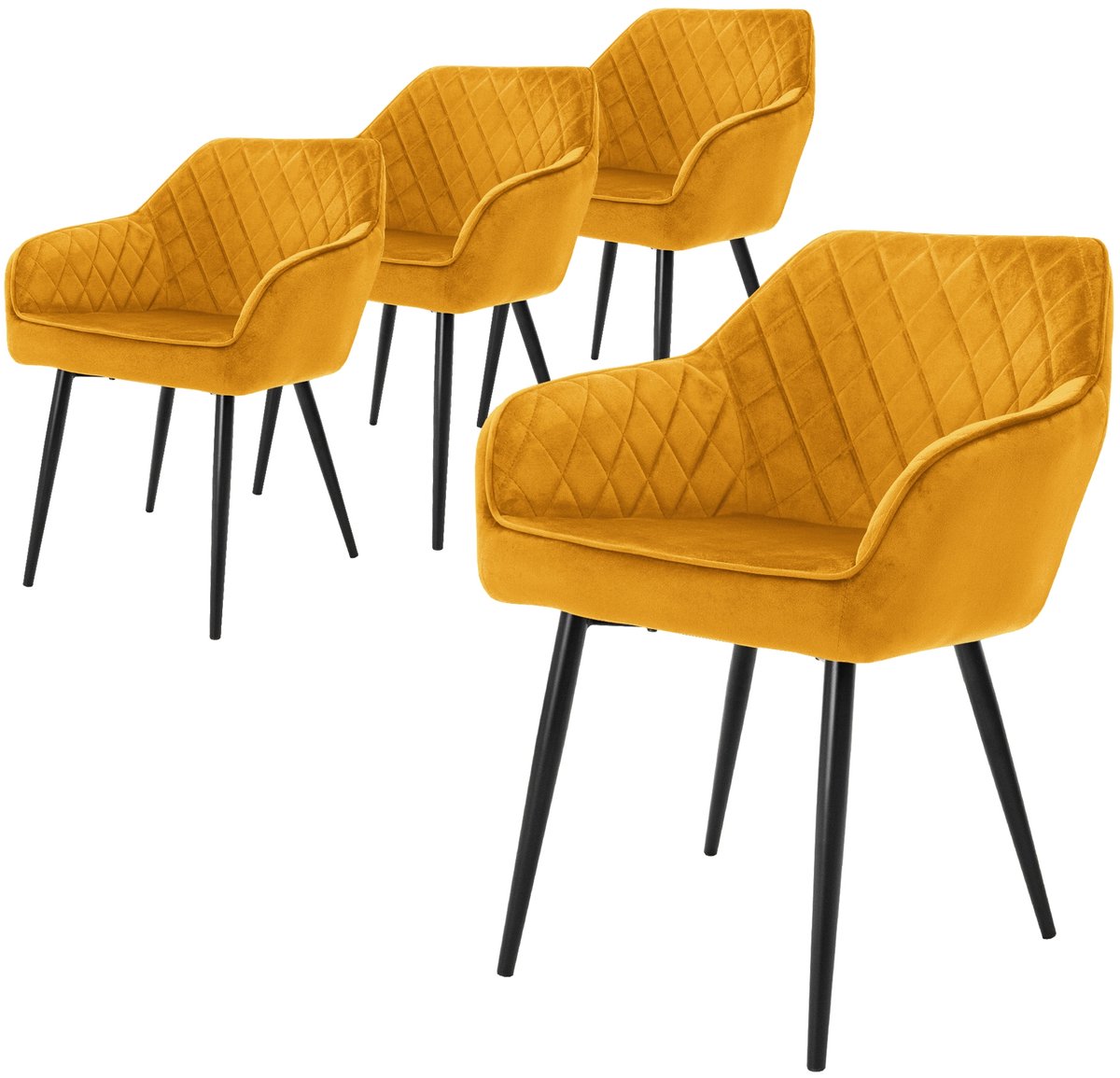 ml-design Eetkamerstoelen set van 4 met armleuningen en rugleuning, oker stoelen met comfortabele fluweel bekleding, stevige keukenstoelen met zwarte metalen poten, ergonomische en moderne stoelen voor eetkamer en woonkamer in huis Mosterd