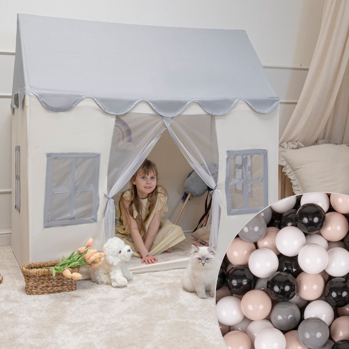 KiddyMoon Kindertent speelhuisje 200 ballen opvouwbaar - Speeltent kinderen binnen buiten - Duurzaam draagbaar - Wit-Grijs: Pastelbeige Grijs Wit Zwart