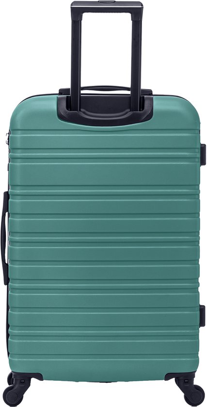 Achterkant van de groene koffer met uitschuifbaar handvat en zwarte wielen.