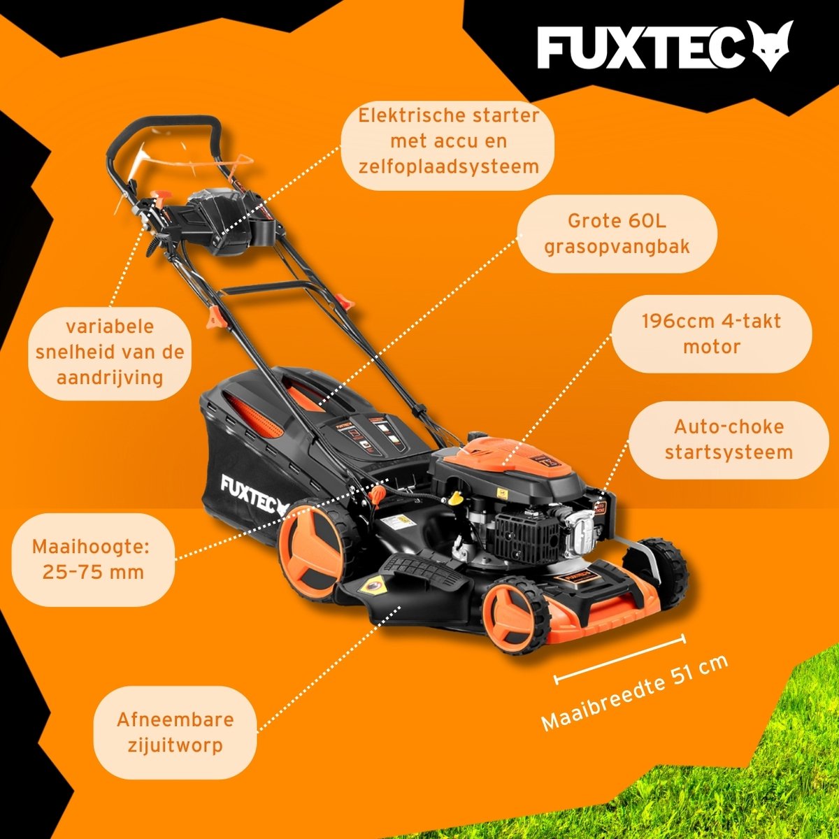 FUXTEC 4-in-1 Benzine Grasmaaier FX-RM5196eSPRO – Elektrische Start – 6 pk – 51 cm Maaibreedte – Flexibele Achterwielaandrijving – 4-Takt – Maaihoogte 25–75 mm – 60 L Grasopvangbak – Mulchfunctie – foto 3