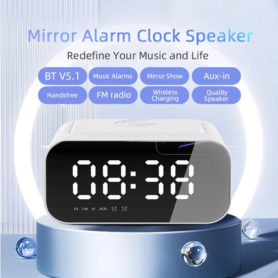 Digitale Wekker, Wekkerradio met Draadloos Opladen Bluetooth-luidspreker LED Eenvoudige Moderne Digitale Wekker FM-radioluidspreker met Draadloze Oplader voor Slaapkamers (Wit Spray Goud 10W