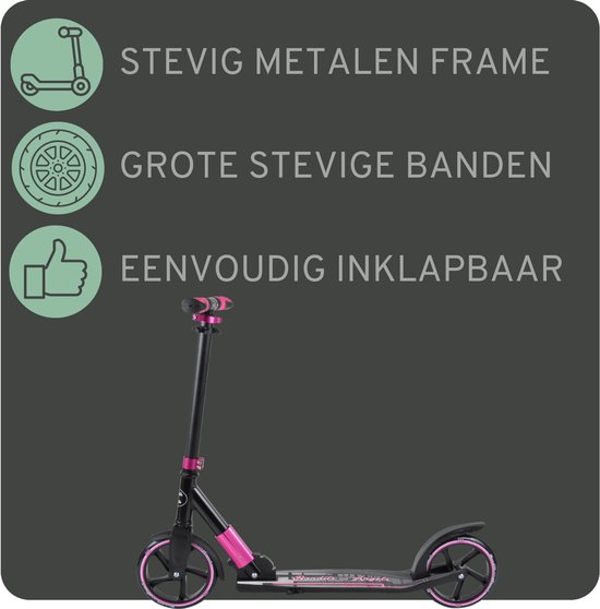 Zwarte step met roze details: stevig metalen frame, grote banden, eenvoudig inklapbaar.