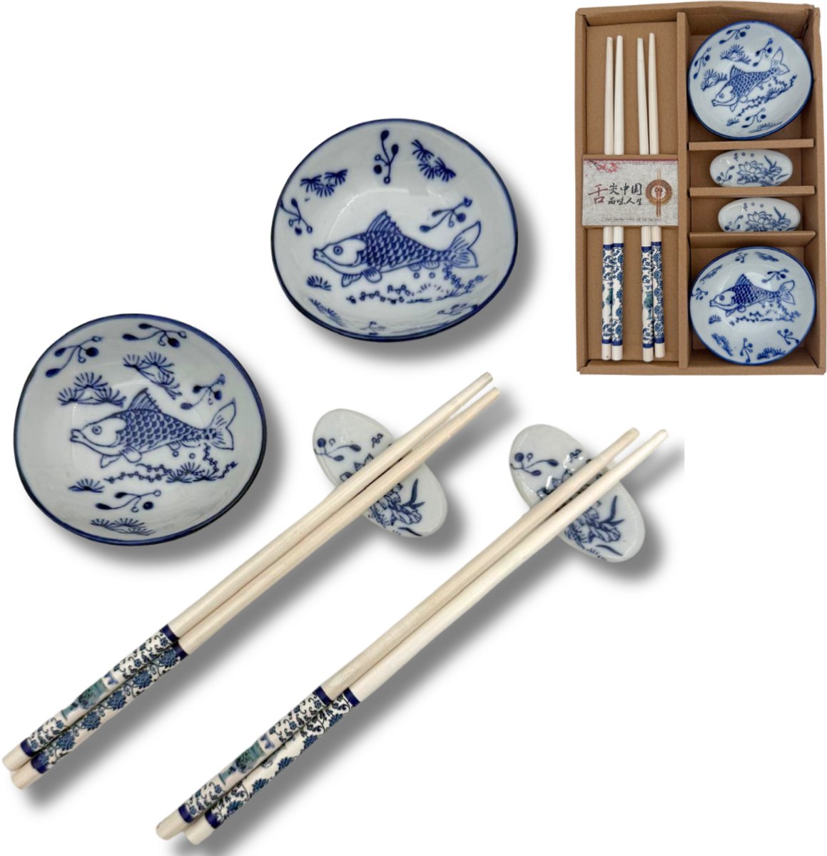 Sushi Servies Set 'Koi Karpers' - 2-persoons - Kommetjes, Eetstokjes, Opleggers - Wit & Blauw Keramiek