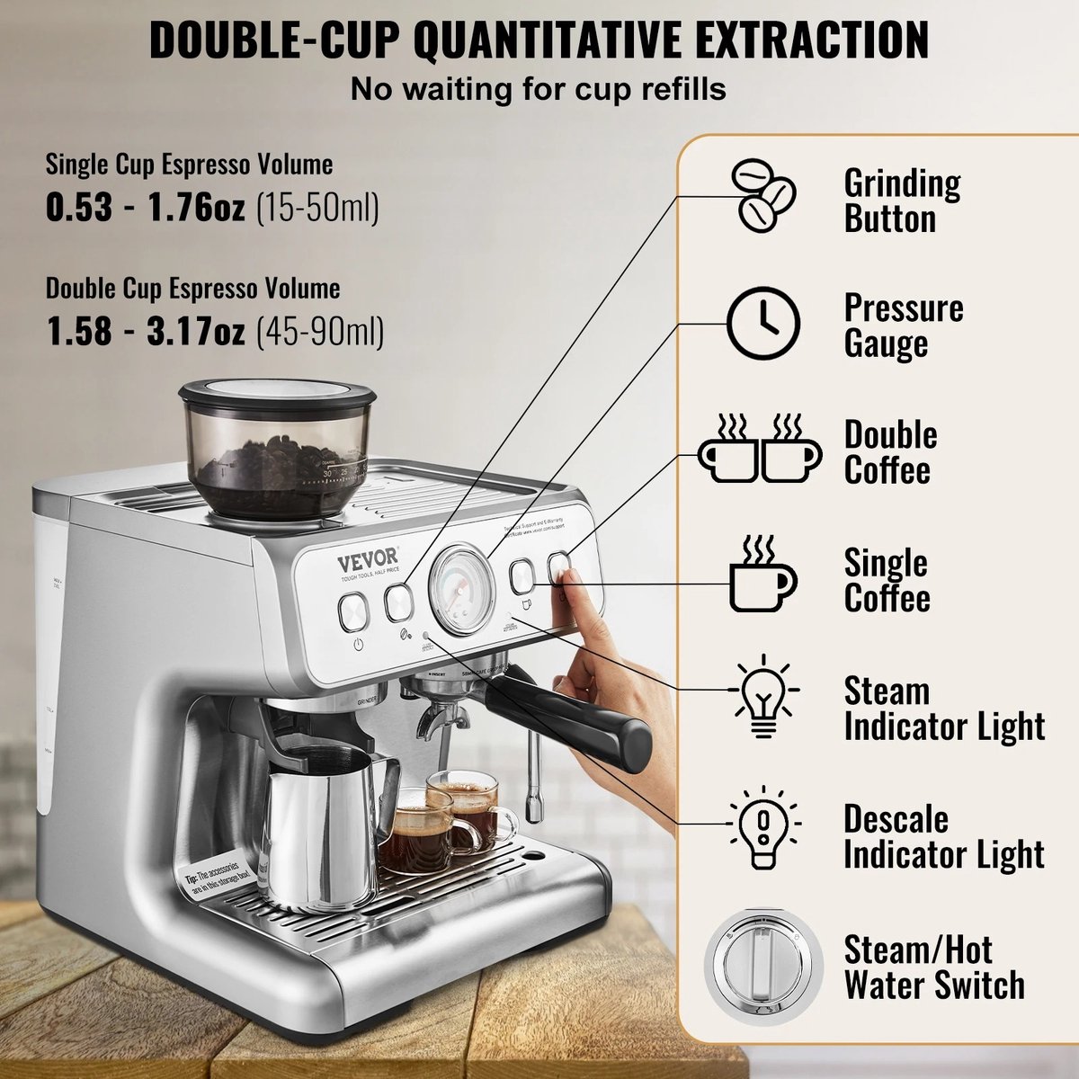 Afbeelding 2 van NÁMI Koffiemachine Met Bonen - Espressomachine Met Molen - Halfautomatisch Espressomachine van 15 bar Met Melkopschuimer