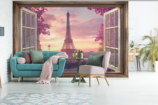 Behang - Fotobehang Doorkijk - Parijs - Eiffeltoren - Roze - Kersenbloesem - Breedte 390 cm x hoogte 260 cm