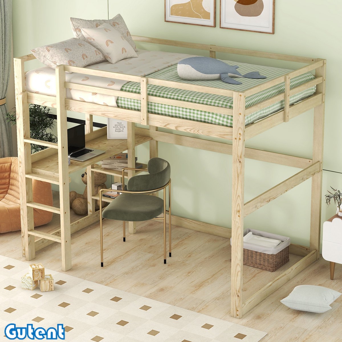 Gutent Kinderhoogslaper(Geen stoelen) - met Opbergruimte - gemaakt van grenen - 4 opbergvakken en een tafelblad - Natuurlijke kleur- 140 X 200 cm - Geen matras