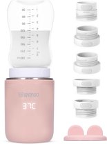 Lovinoo Flessenwarmer Pro 2025 – Flessenwarmer Onderweg - Draagbare Flessenwarmer - Babyvoeding – Flessenwarmers – 4 Temperatuurniveaus – Flesverwarmer - Flessenwarmer Draadloos – USB Oplaadbaar – Inclusief 5 Adapters - 13.200 mAh - Roze