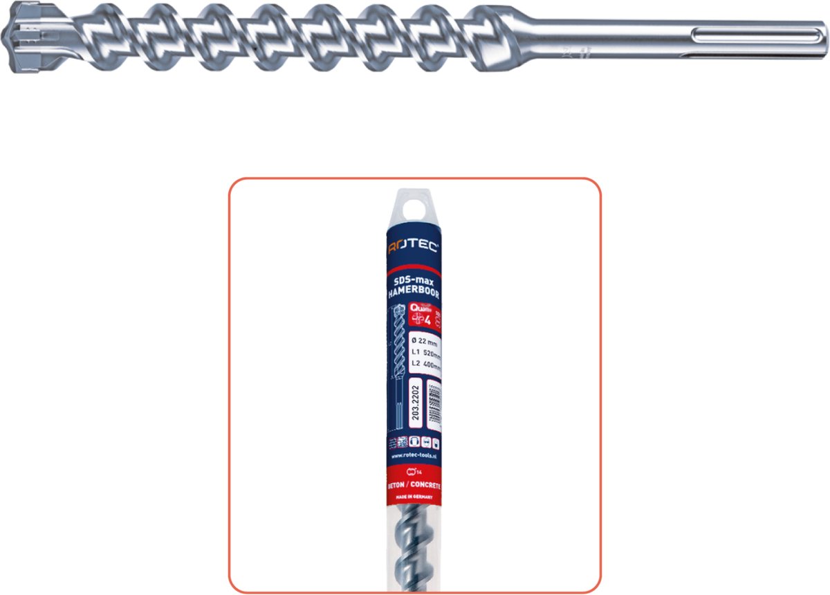Rotec type 203 hamerboor, SDS-max, QUATTRO-X, 4-snijder, Ø 16 x 200 x 340 mm.