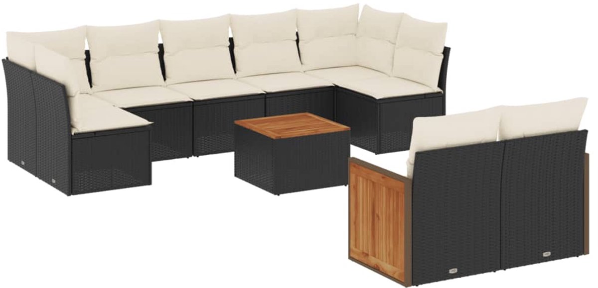 The Living Store 10-delige Loungeset met kussens poly rattan zwart - Loungebank - Lounge Set - Buitendecoratie - Tuinstoel - Tuinset