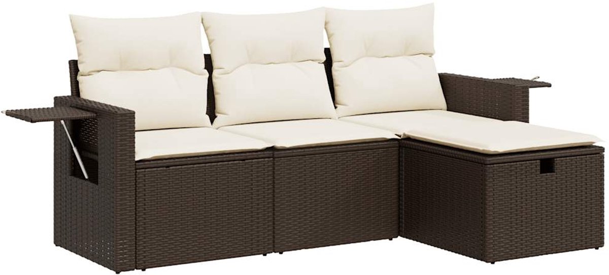 The Living Store 4-delige Loungeset met kussens poly rattan bruin - Loungebank - Tuinset - Loungehoek - Buitendecoratie - Gardenfurniture