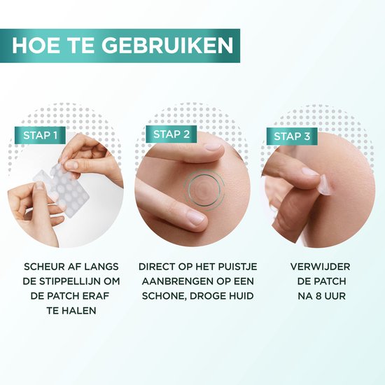 Stappenplan voor het gebruik van Garnier puistjespleisters: aanbrengen en verwijderen.