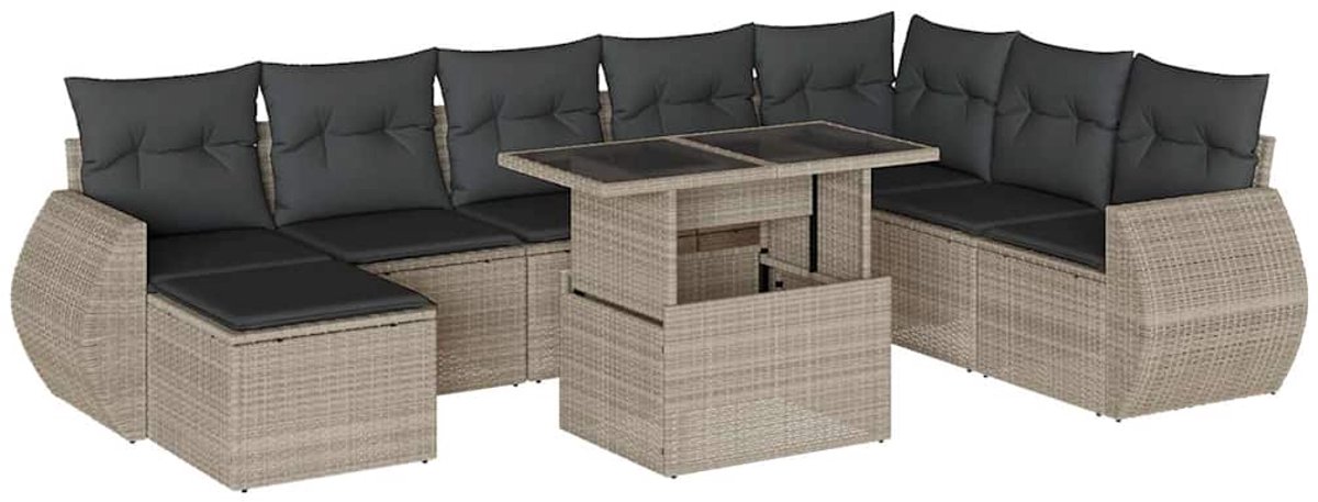 The Living Store 9-delige Loungeset met kussens poly rattan lichtgrijs - Tuinlounge - Lounge Set - Buitendecoratie - Loungebank - Relaxstoel