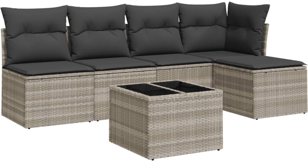 The Living Store 6-delige Loungeset met kussens poly rattan lichtgrijs - Lounge Set - Tuinmeubels - Lounge Bank - Tuinbank - Outdoor Furniture