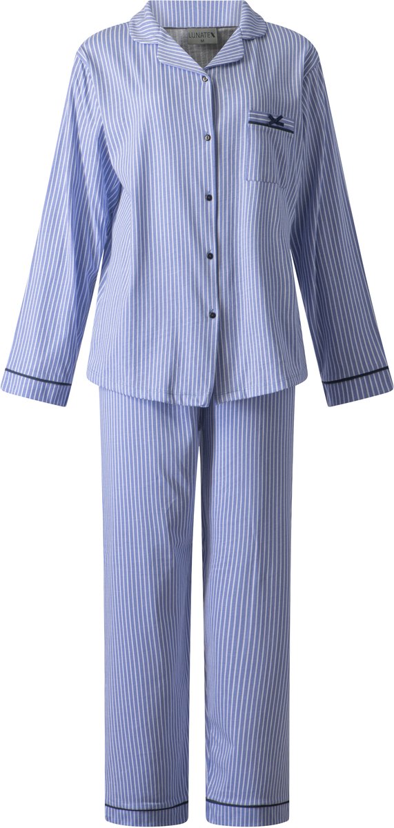 Lunatex dames pyjama 124239 met doorknoop - 100% katoen - blauw met wit