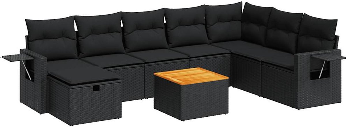 The Living Store 9-delige Loungeset met kussens poly rattan zwart - Loungebank - Tuinlounge - Lounge Set - Buitendrank - Outdoor Furniture