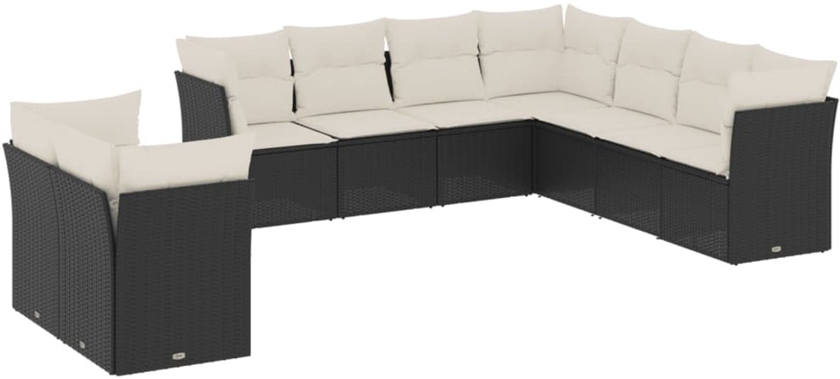 The Living Store 9-delige Loungeset met kussens poly rattan zwart - Loungebank - Tuinset - Lounge Set - Buitendecoratie - Outdoor Furniture