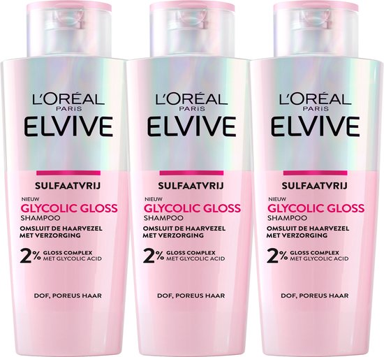 L'Oréal Paris Elseve Glycolic Gloss Shampooing - pour cheveux ternes et poreux - avec glycolic acid pour des cheveux brillants - 3x 200 ml