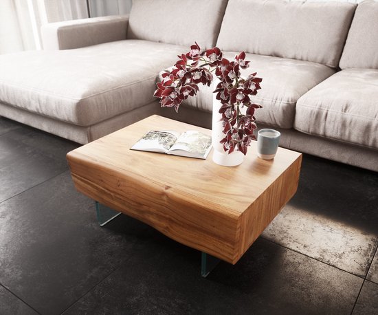 Table d'appoint New Live Edge acacia naturel 80x60 cm 2 tiroirs piètement en verre flottant