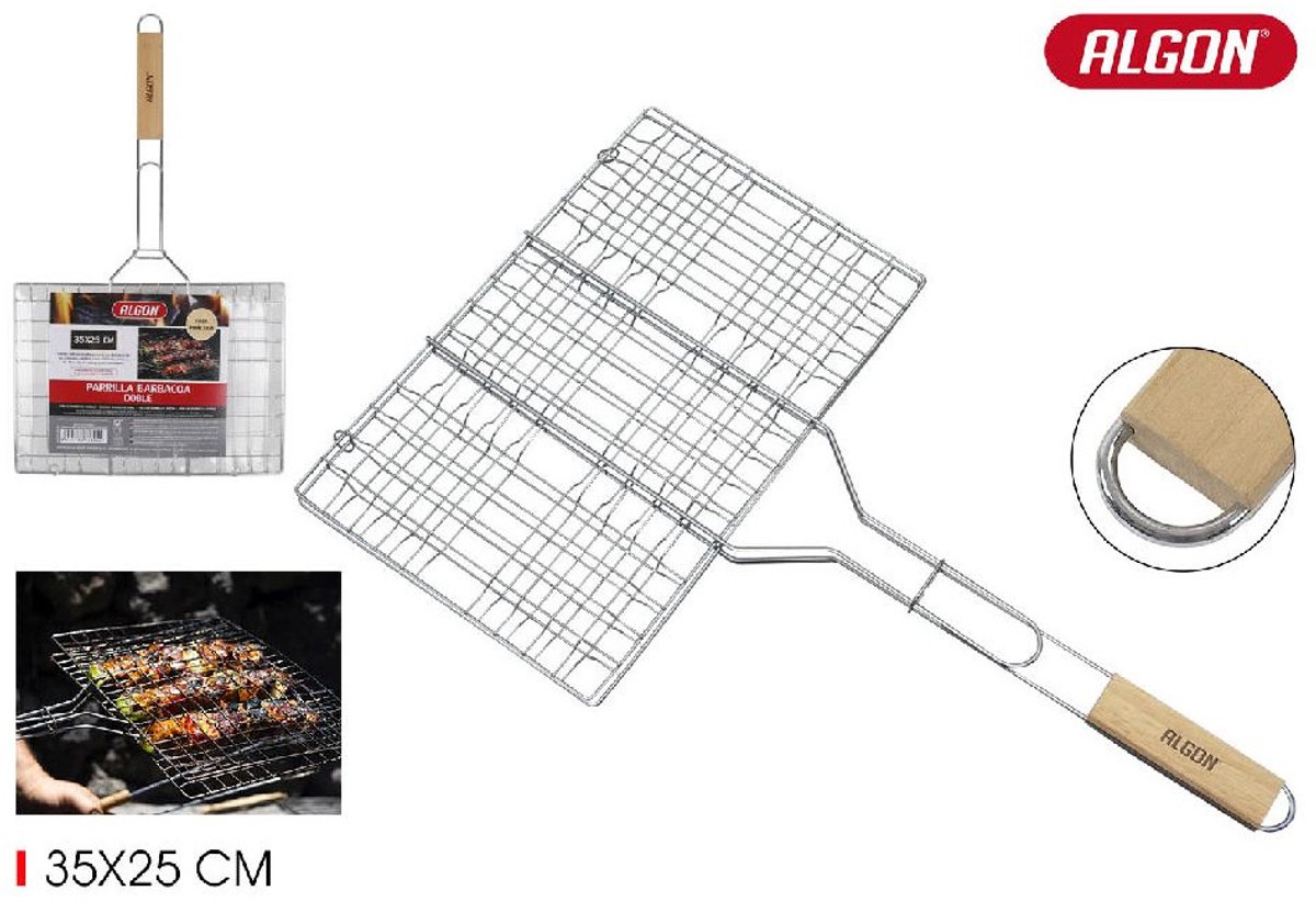 2 Stuks BBQ Klem | Barbecue rooster | 25x35 cm | Grill klem | Vlees, Vis en Hamburger rooster | RVS met Houten handvat