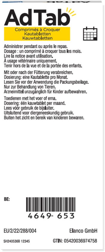 Verpakking AdTab met instructies in het Nederlands en Frans, inclusief barcode en EU-goedkeuringsnummer.
