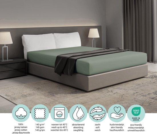 Drap-housse en jersey vert passé sur un lit double avec un couvre-lit gris foncé. Icônes indiquant : 100% coton, 140 g/m², lavable à 40°C, absorbant, doux, hypoallergénique et éco-responsable.