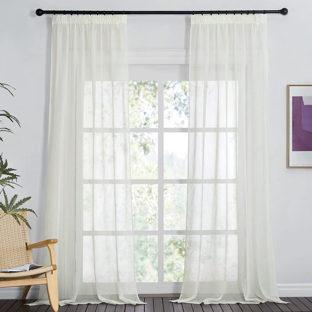 Unyqoos ® Transparante Crème Gordijnen Set van 2 met Plooiband voor Rail, Linnenlook, 245 x 140 cm wit