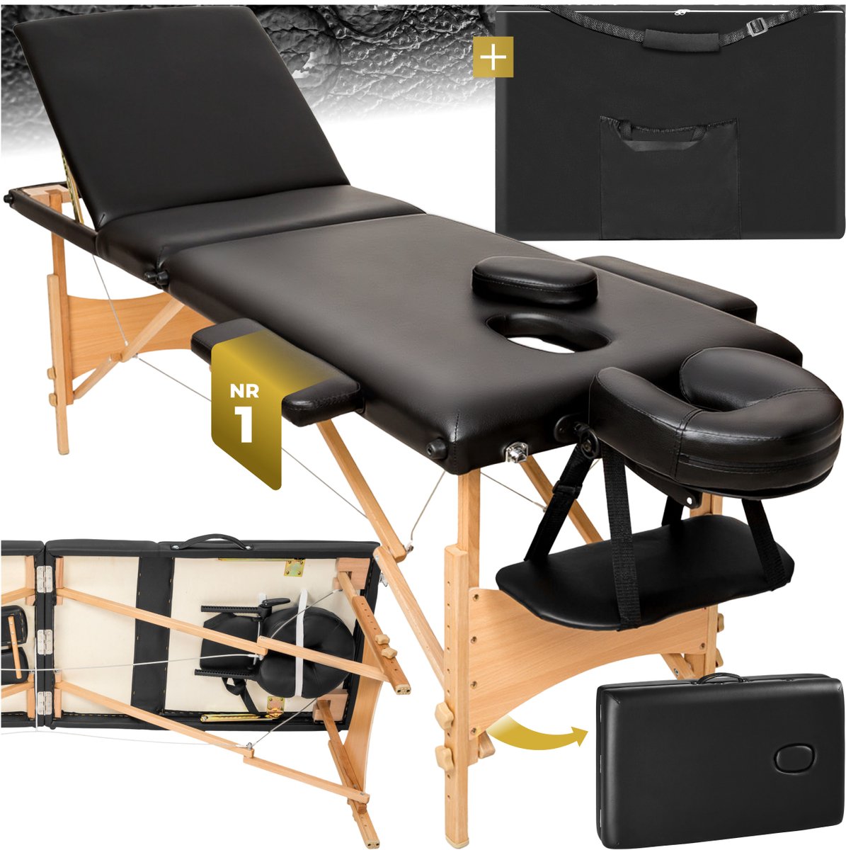 Goedkoopste tectake® Draagbare massagetafel - 3 zones - Opvouwbaar therapiebed, massage, fysiotherapie - Verstelbare tafel - Tattootafel - Incl. draagtas - Zwart