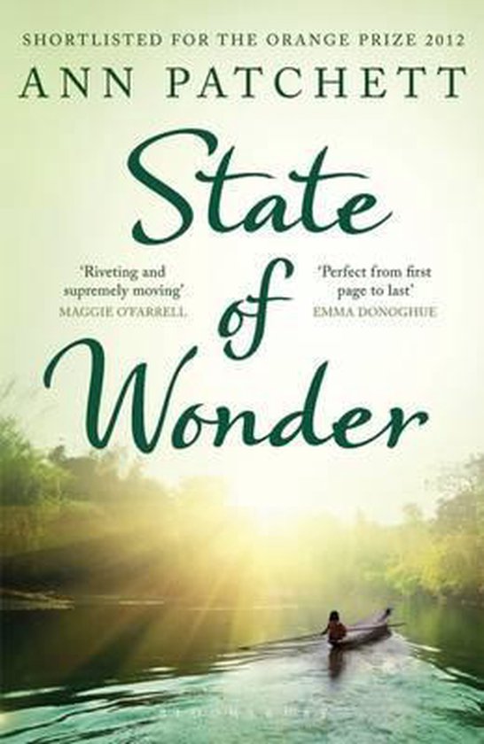 Boekcover van 'State of Wonder' van Ann Patchett. Een kano met persoon op een rivier bij zonsopgang.