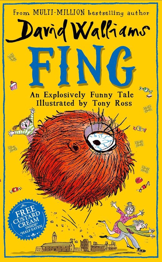 Boek "Fing" van David Walliams, met een grote, harige, rode monstervormige illustratie en vallende snoepjes.