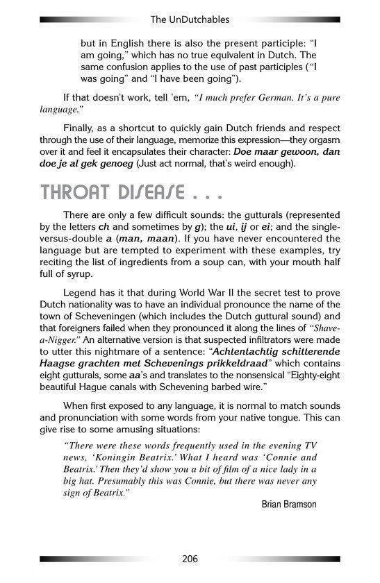 Pagina uit een boek met tekst over de Nederlandse tong, met een illustratie van een man die de keel schraapt.