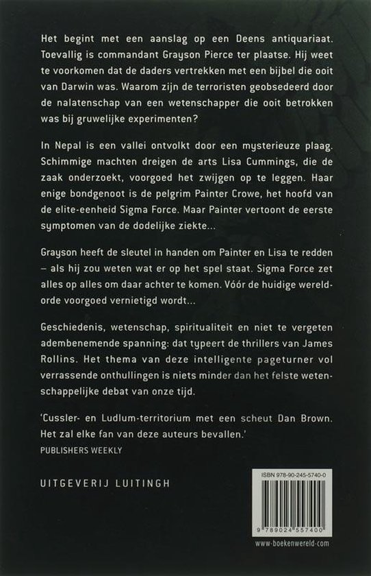 Achterkant boek met tekst over 'De Zwarte Orde' door James Rollins.