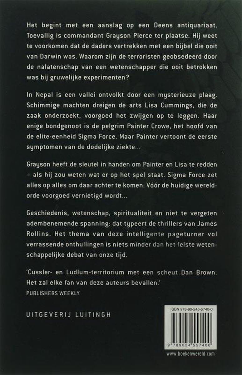Achterkant boek met tekst over 'De Zwarte Orde' door James Rollins.