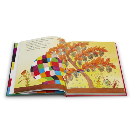 Open boek. Elmer, de veelkleurige olifant, leunt tegen een boom met oranje bladeren en druiven.