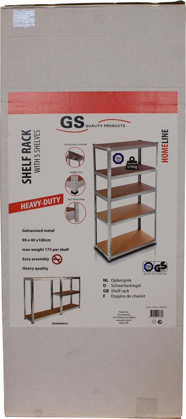 Profeco heavy duty opbergrek 180x90 cm - metalen stellingkast / stellingrek / magazijnkast - 5 planks x 175kg - RVS