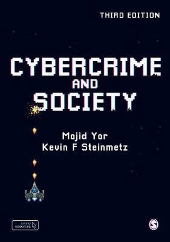 Boekomslag van Cybercrime and Society met retro pixel-art ruimteschip op een donkerblauwe achtergrond.