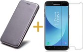 Samsung Galaxy J5 (2017) Book Case Portemonnee Hoesje Grijs + Gehard Tempered Glas Screenprotector (Hoesje Leer met Siliconen Houder - Flip Cover 360° Bescherming)